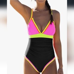Vibrant Pink and Black One-Piece Swimsuit NWT